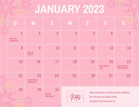 Printable Pink Calendar