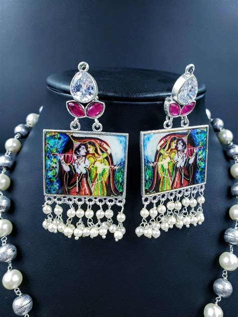 Radha Krishna Pendant Necklace And Pearl Jhumka Earringsindia