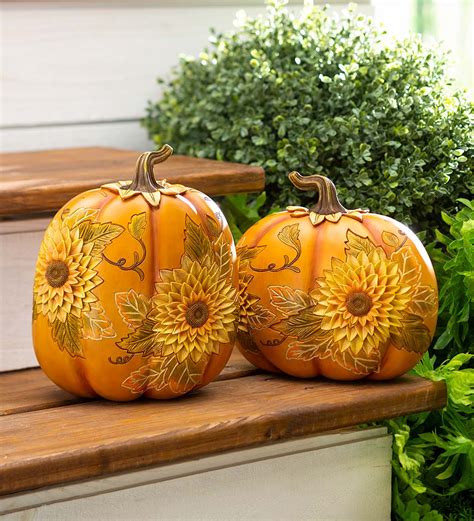 Carved Pumpkins With Sunflowers Set Of 2 Plowhearth