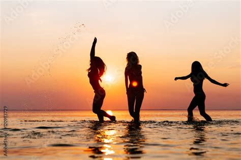 Vacation Beach Party Teenage Girls Having Fun In Water Group Of Happy Young People Dancing