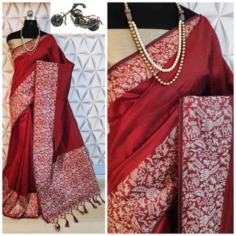 maroon semi tussar silk kalamkari saree with jacquard border