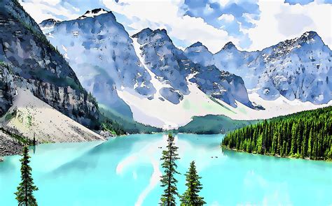 Moraine Lake At Banff National Park 1 Painting By Jeelan Clark Pixels