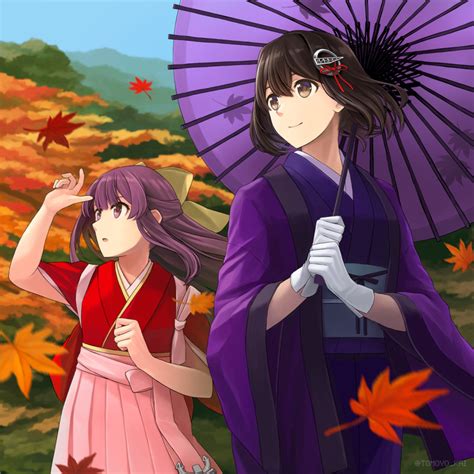 Safebooru 2girls Autumn Autumn Leaves Black Hair Brown Eyes Closed Mouth Eyebrows Visible