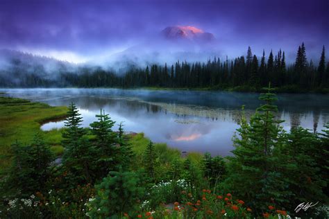 M310 Foggy Sunrise Mt Rainier And Reflection Lakes Washington