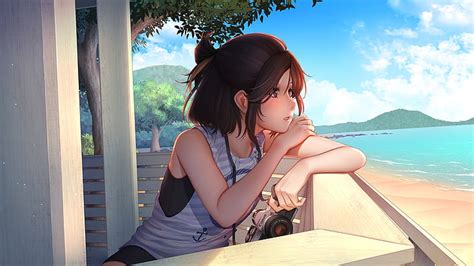 Anime Girl Verano Cañón Mirando A Otro Lado Semi Realista Playa