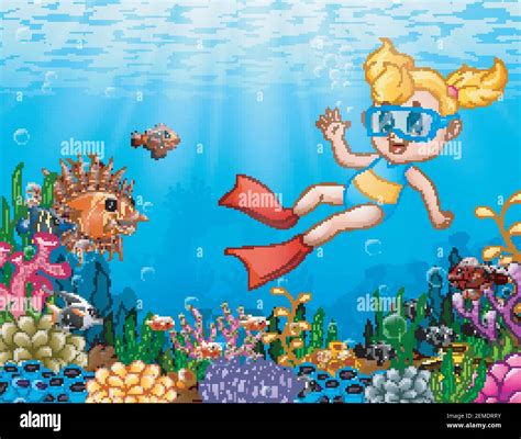 Vector Illustration Of Little Girl Diving In The Sea Stock Vector Image