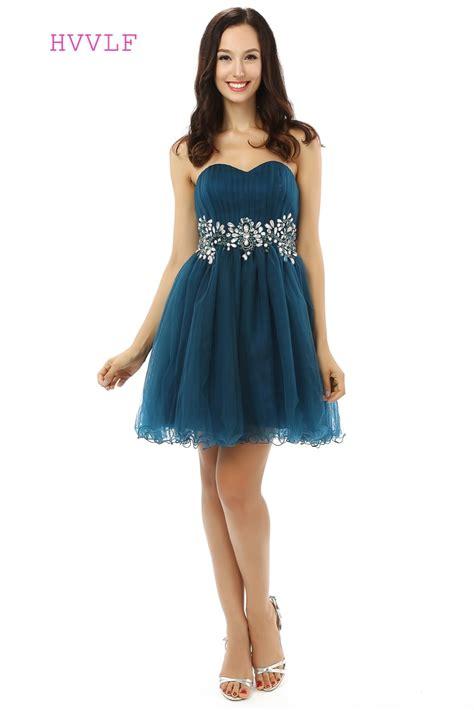 Dark Blue Homecoming Dresses A Line Sweetheart Organza Beaded Crystals