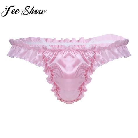 Feeshow Men Lingerie Soft Shiny Ruffled Frilly Sissy Bikini Briefs Male Thong Underwear