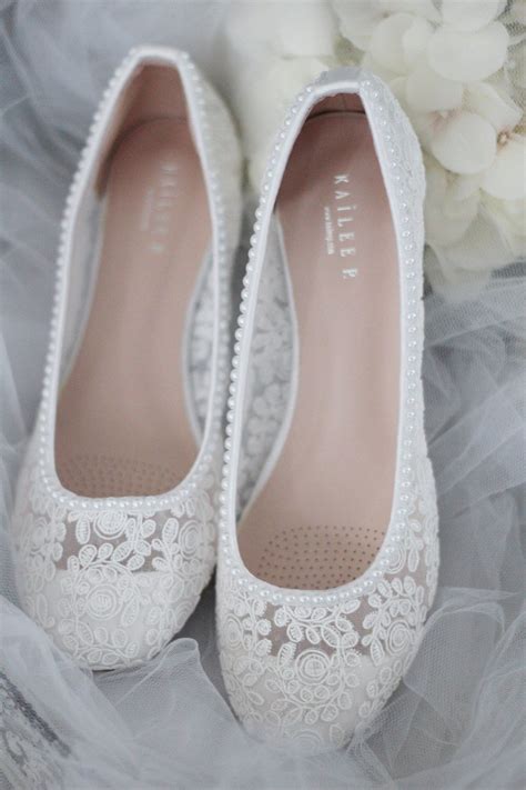 White Crochet Lace Pointy Toe Flats With Mini Pearls Bridesmaid Shoes