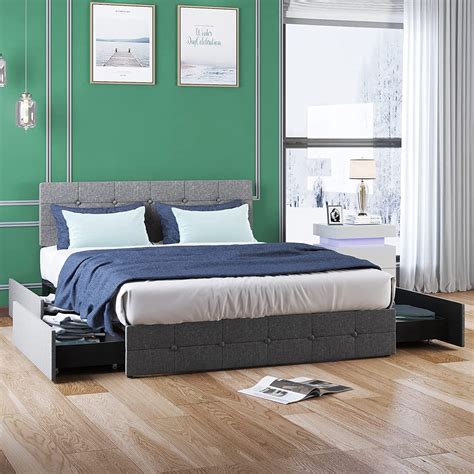 Mjkone Platform Bed Frame With 4 Storage Drawers Upholstered Bed Frame Queen Size