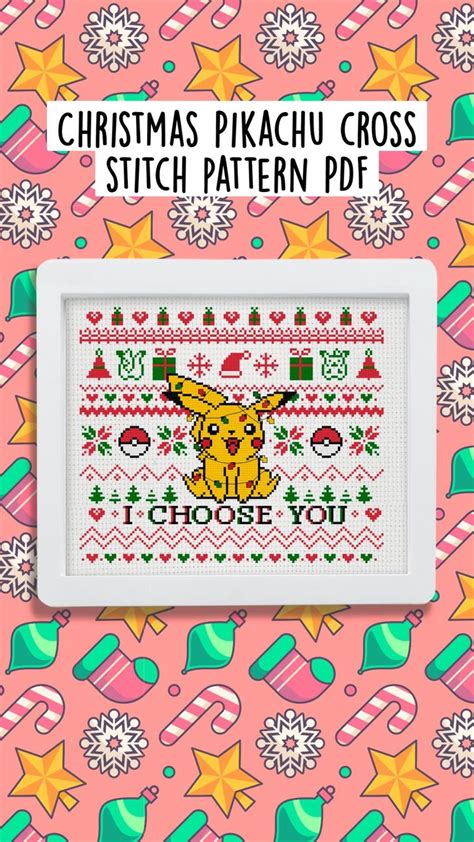 Christmas Pikachu Cross Stitch Pattern Pdf Instany Download Funny Cross Stitch For Pokemon Fa