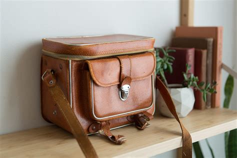 Vintage Leather Camera Bag Tan Brown Dslr Carrying Case With Brass