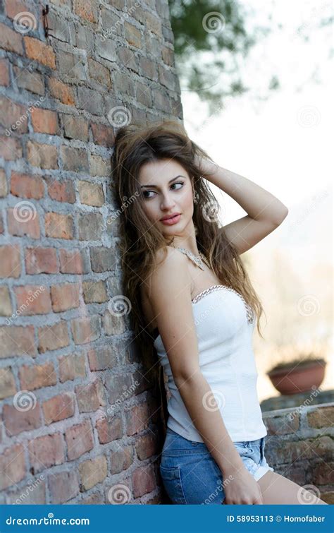 fashion woman leaning against brick wall stock image image of eyes fashionable 58953113