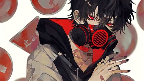 Download 1920x1080 Anime Boy Gas Mask Red Eyes Black Hair Hoodie
