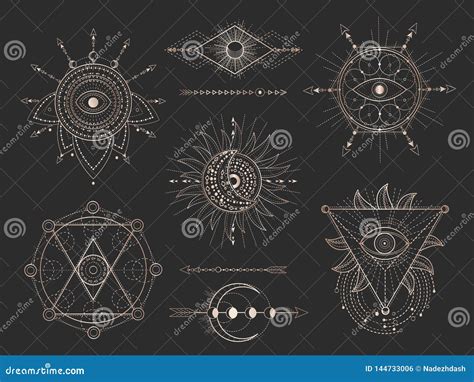 Vector Set Of Sacred Geometric Symbols And Figures On Black Background