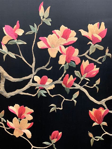 Large Asian Cherry Blossom Silk Embroidery Screen Room Divider At 1stdibs Room Divider Cherry