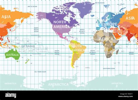 Vector Mapa Del Mundo Coloreado Por Continentes Y Centrado Por América