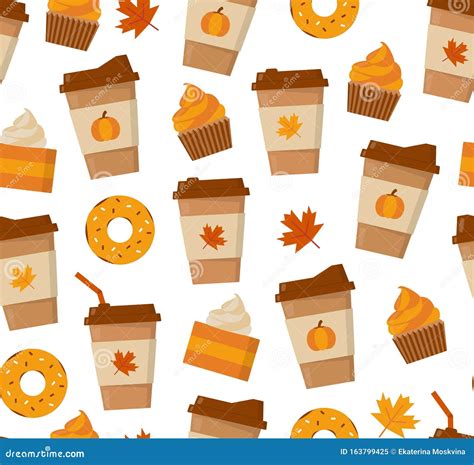 Pumpkin Spice Latte Seamless Pattern Stock Vector Illustration Of Flat Concept 163799425