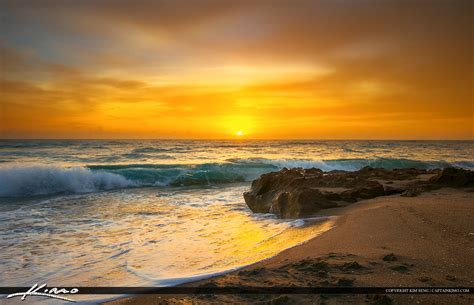 Juno Beach Sunrise Ocean Wave At Rocks