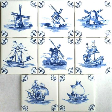 Blue Nautical Delft Design Ships And Windmills Set Of 8 Of 425