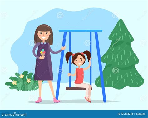 Mother And Daughter In Park Girl Rides Swing Stock Vector
