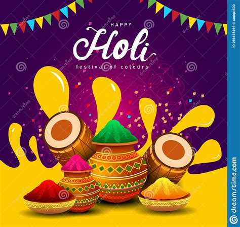 Happy Holi Indian Festival With Golden And Colors Elements Stock