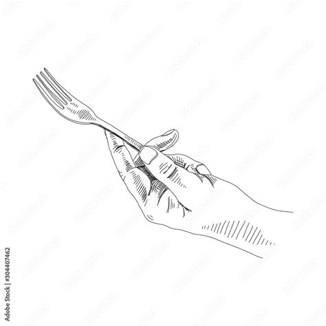 Hand Holding Fork Black And White Illustration Stock Vector Adobe Stock