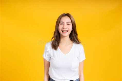 Portrait Happy Young Asian Woman Smiling Hand Holding Ear Listening Something Positive Emotion