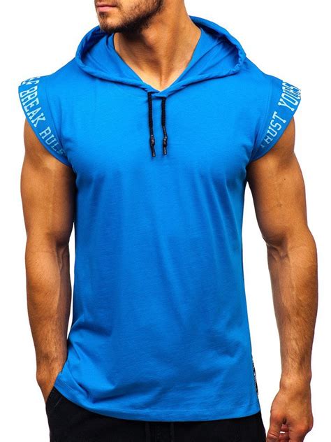Camiseta De Tirantes Con Estampado Y Capucha Para Hombre Azul Bolf