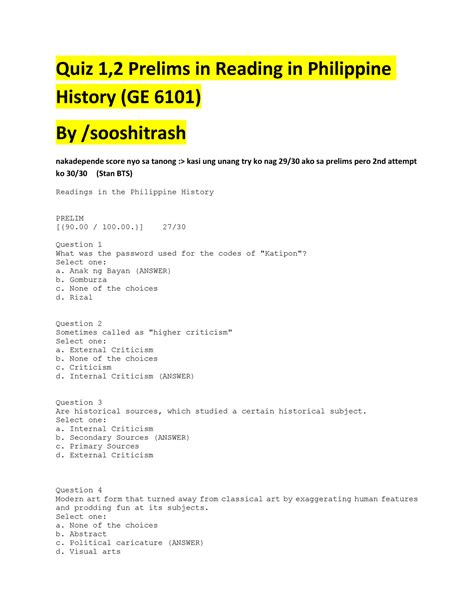 Reading In Philippine History Quiz 1 2 Prelim Quiz 12 Prelims In