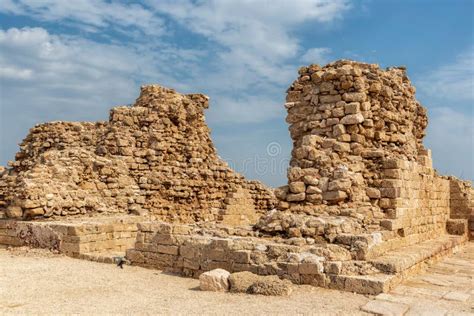 Old Crusader Castle Ruins In Apollonia By The Mediterranean Sea Stock