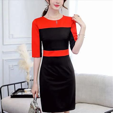 Fashion Red Black Patchwork Wear To Work Business Vestidos Bodycon