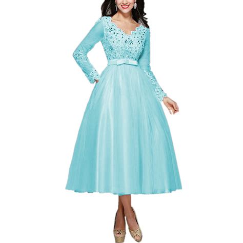 Tutuvivi Elegant Appliques Tea Length Prom Dresses Long Sleeves Tulle