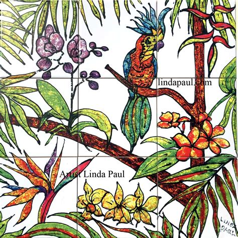 Tropical Flower Tiles With Parrot Tile Mural Kitchen Backsplash Art