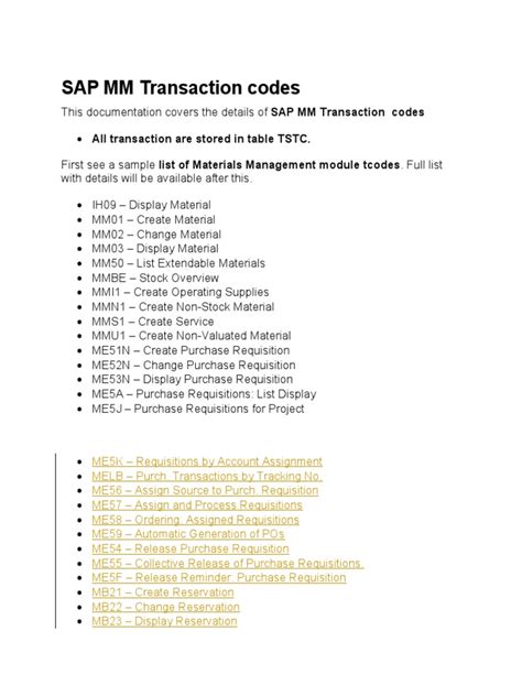 list of sap mm transaction codes pdf computing business