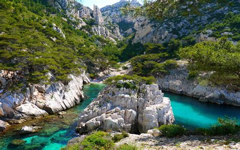 Landscape Nature Coves Beach Trees Mountain Turquoise Water France Limestone Rock