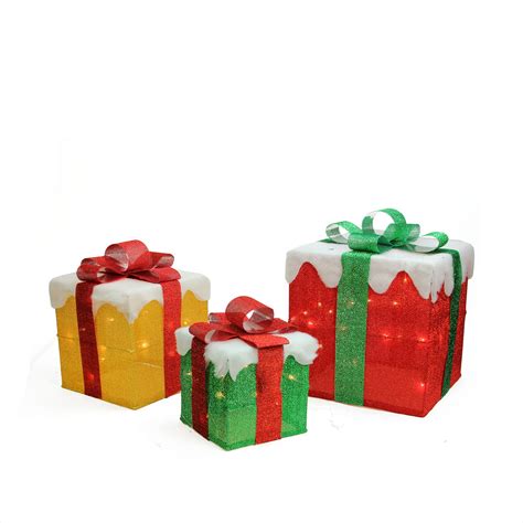 Set Of Lighted Gold Green And Red Gift Boxes Christmas Outdoor