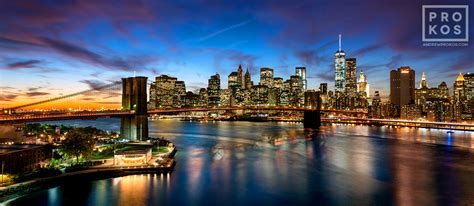 Panoramic View Of The Brooklyn Bridge And Lower Manhattan At Dusk