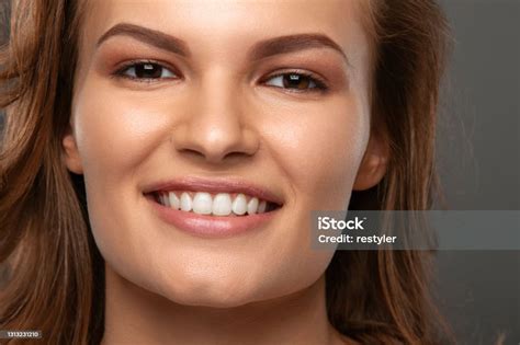 Beautiful Cute Brunette Girl Smiling Studio Portrait Stock Photo