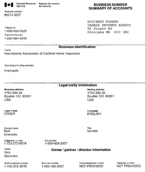 Canada Revenue Agency assigns InterNACHI a Business Number.