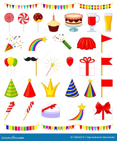 35 Colorful Cartoon Party Elements Set Stock Vector Illustration Of