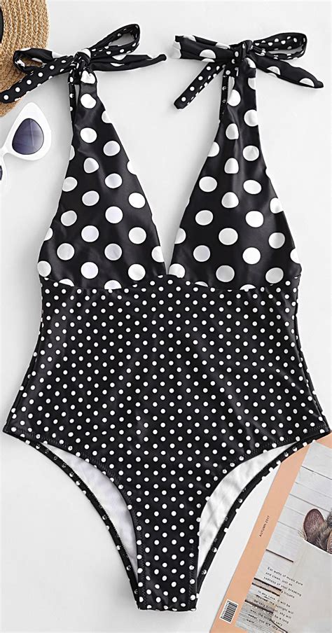 Polka Dot Tie Shoulder Plunging One Piece Swimsuit