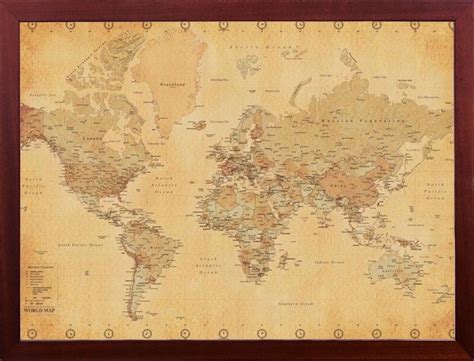 Home Office World Map In Brown Wood Frame Perfect For Tracking