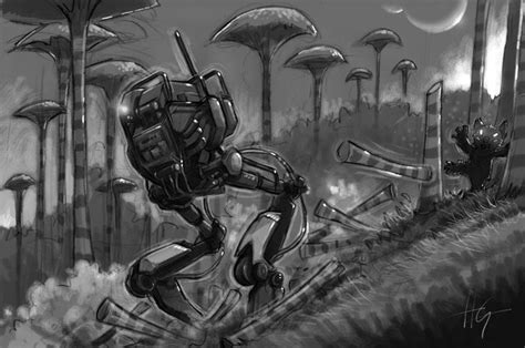 A Drawing Of A Robot Running Through The Woods With Mushrooms In The