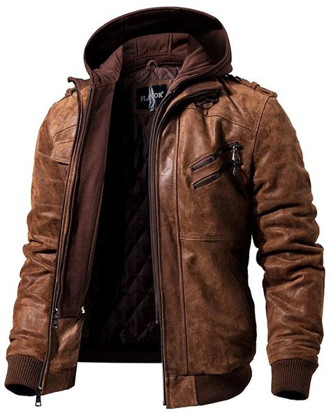 Men Brown Leather Motorcycle Jacket With Removable Hood Soomro