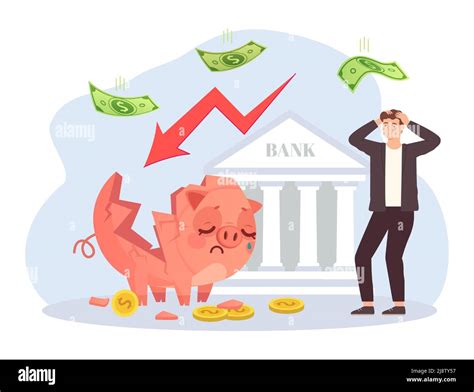 World Financial Crisis Man In Panic Looking At Broken Piggy Bank