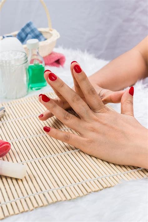 Beautiful Manicured Woman S Nails With Red Nail Polish Stock Photo