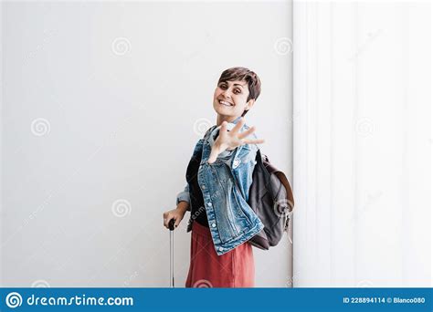Happy Backpacker Caucasian Woman At Train Station Waiting To Catch Train Travel Concept Stock