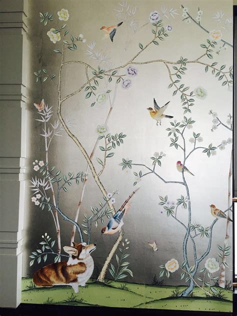 Floral Chinoiserie Hand Painted Wallpaper Silver Metallic Etsy