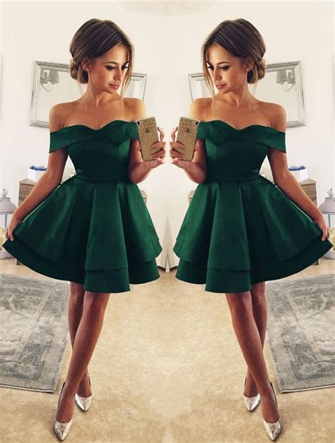 Short Satin Homecoming Dresses V Neck The Shoulder Elegant Dresses Short Green Homecoming